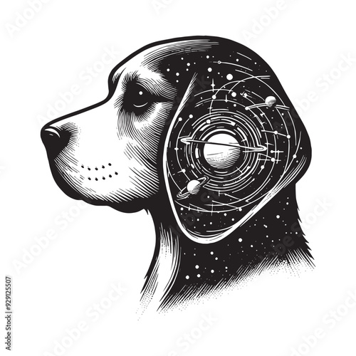 silhouette of Beagle, filled with space and sci-fi element in rough drawing,