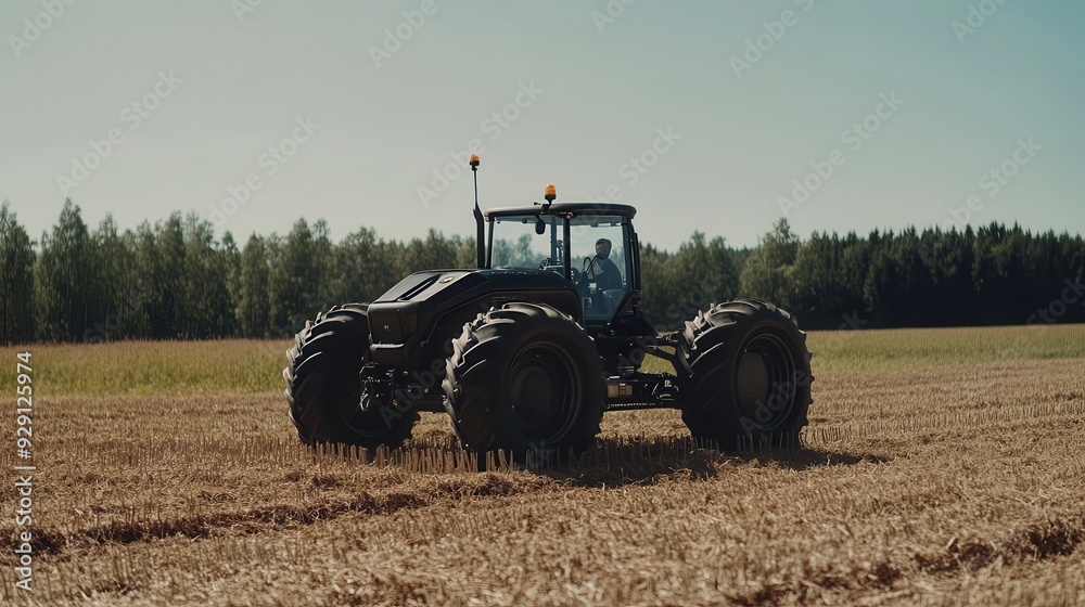 Obraz premium A tractor works the fields, preparing the ground for the next planting season in bright sunshine