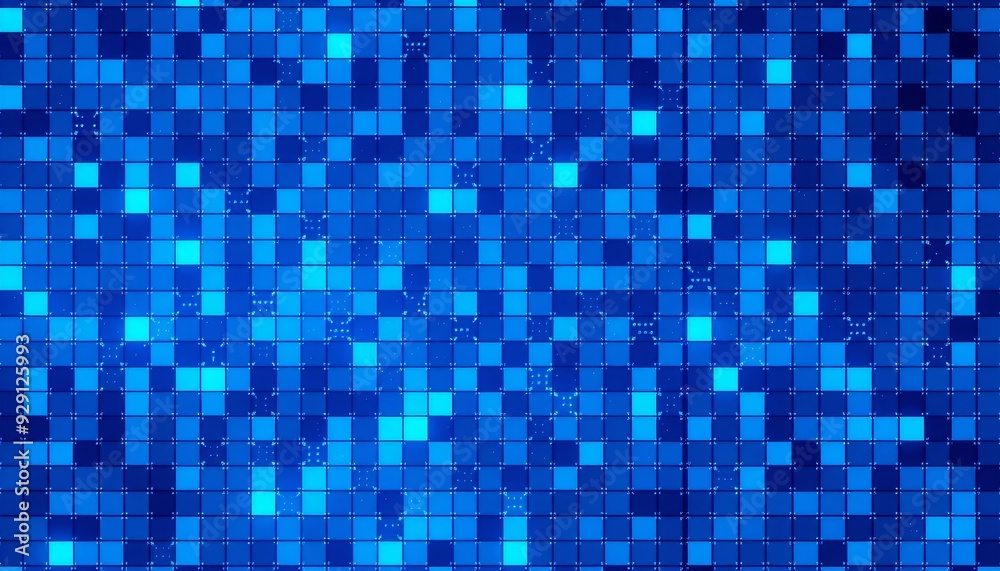 Intricate arrangement of blue pixel squares blending bright and dark hues to form a tech-inspired grid pattern with a futuristic edge Intricate arrangement of blue pixel squares blending bright and dark hues to form a tech-inspired grid pattern with a futuristic edge