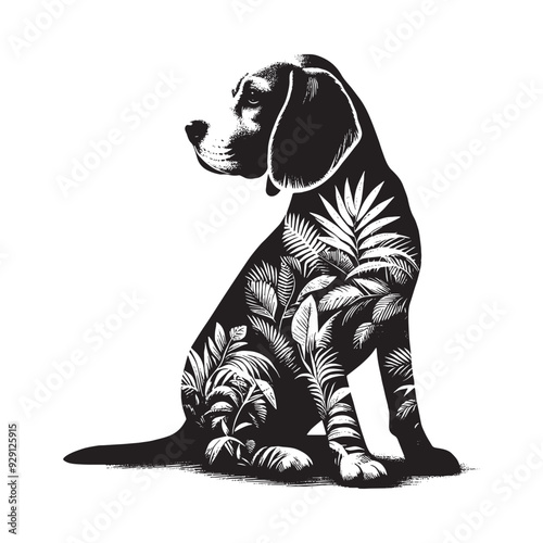 silhouette of Beagle, filled with tropical plant in the jungle in rough drawing,