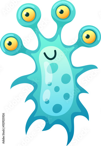 Blue amoeba cartoon character. Bizarre micro mascot