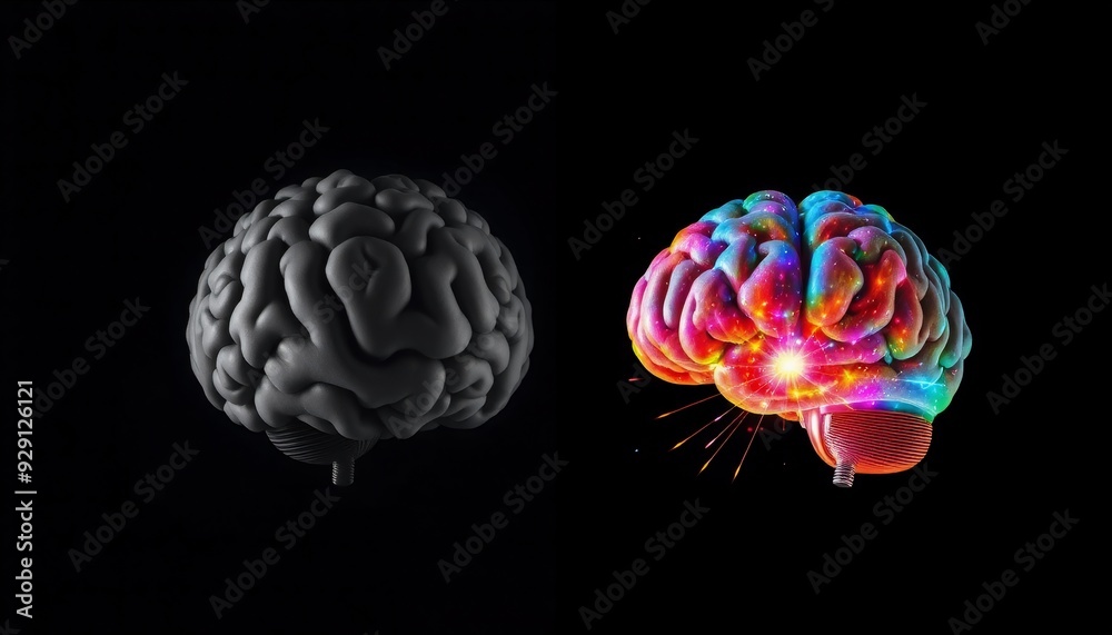 Left brain in dull gray right brain bursting with vivid colors and light; set against a solid black background highlighting the contrast of creativity and monotony Left brain in dull gray right brain bursting with vivid colors and light; set against a solid black background highlighting the contrast of creativity and monotony