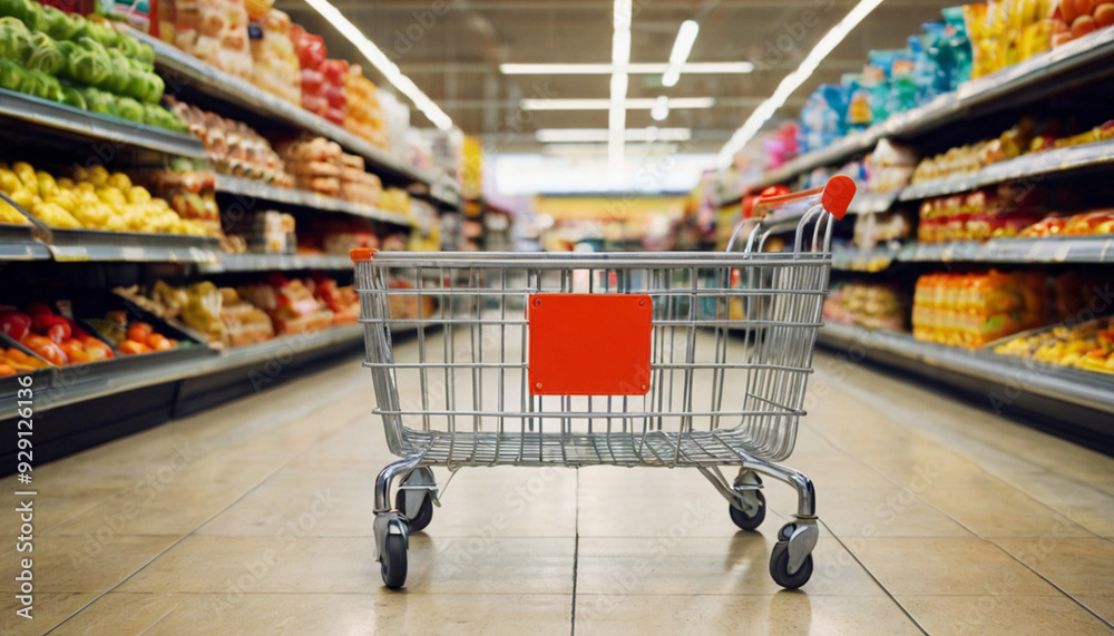 Empty basket, trolley in supermarket against the background of shelves with products. Shopping concept. Empty basket, trolley in supermarket against the background of shelves with products. Shopping concept.
