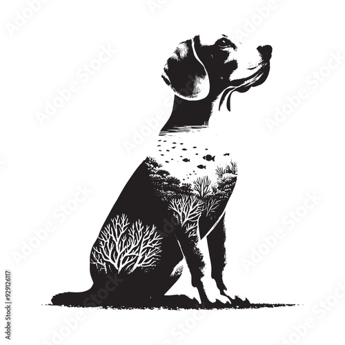 silhouette of Beagle, filled with underwater view with coral in rough drawing,