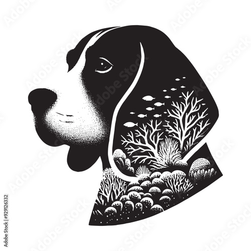 silhouette of Beagle, filled with underwater view with coral in rough drawing,