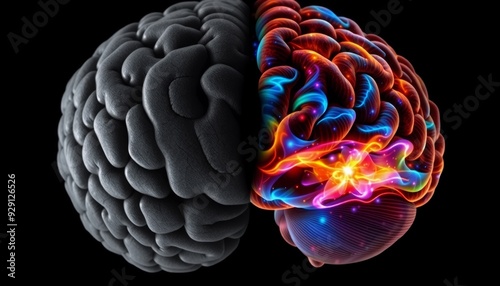 Left side of the brain dull and gray right side alive with vivid colors and dynamic light; solid black background highlights the contrast between lifelessness and creativity