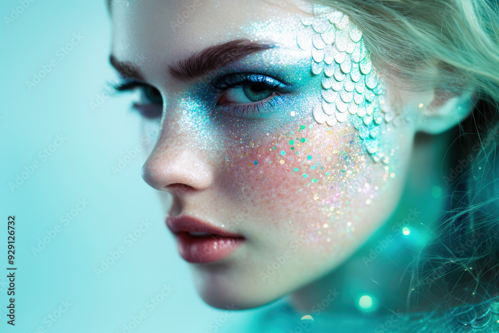 Fototapeta premium Beautiful model is posing with creative aqua colored halloween or mardi gras mermaid scales makeup