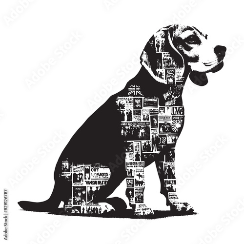 silhouette of Beagle, filled with vintage punk's poster collage wall in rough drawing,