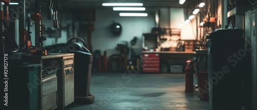 Blurred car garage background industrial ambiance soft focus automotive tools muted tones sleek vehicle outlines dim lighting organized space professional environment modern workspace