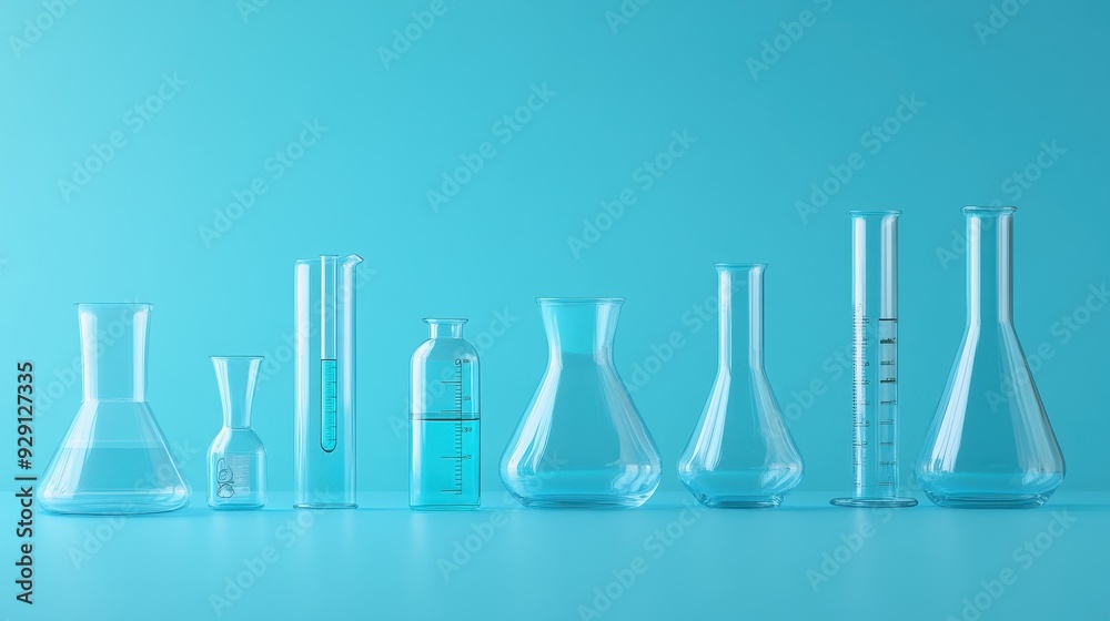 Laboratory glassware on a solid blue background with reflections Laboratory glassware on a solid blue background with reflections