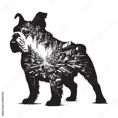 silhouette of Bulldog, filled with destroyed futuristic dystopia environment in rough drawing,