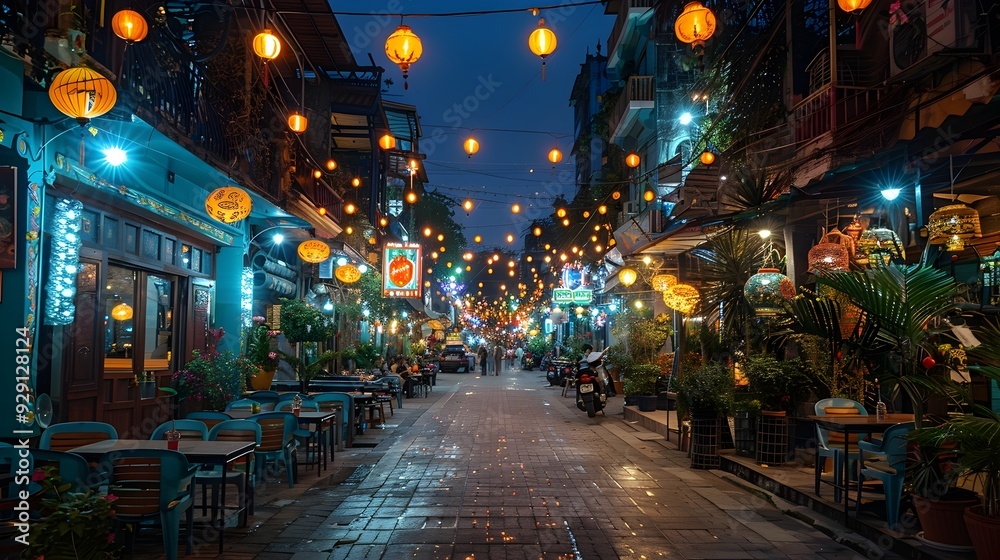 Obraz premium Vibrant and Bustling Nighttime Street Market with Colorful Stalls and Lively Atmosphere