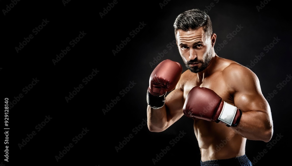 Muscular boxer posing with gloves, showcasing determination and strength in a dramatic lighting setting. Muscular boxer posing with gloves, showcasing determination and strength in a dramatic lighting setting.