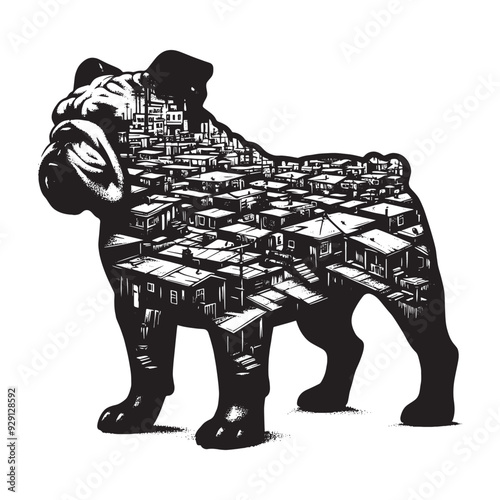 silhouette of Bulldog, filled with ghetto street in rough drawing,