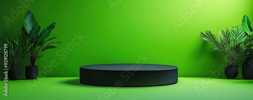 Matte black podium on a neon green background