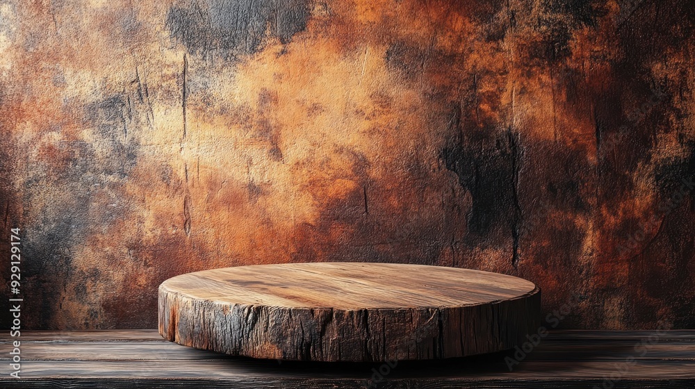 Fototapeta premium Wooden podium on a rustic brown background with texture