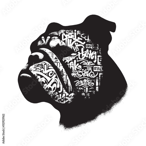 silhouette of Bulldog, filled with graffiti street wall in rough drawing,