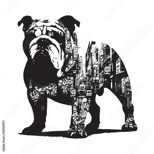 silhouette of Bulldog, filled with graffiti street wall in rough drawing,