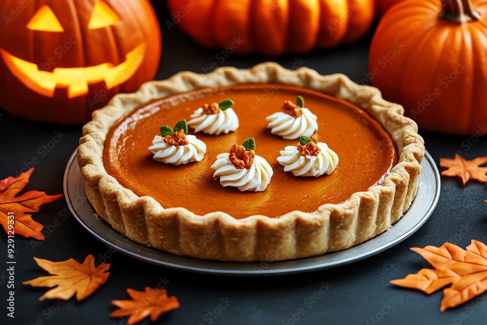 A delicious pumpkin pie with whipped cream and fall foliage, with a jack-o'-lantern in the background. A delicious pumpkin pie with whipped cream and fall foliage, with a jack-o'-lantern in the background.