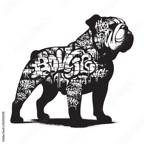silhouette of Bulldog, filled with graffiti street wall in rough drawing,