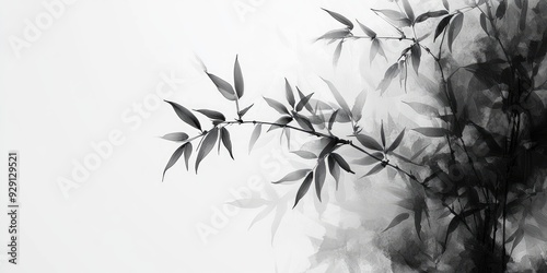 Abstract Black and White Watercolor Painting of Bamboo Leaves