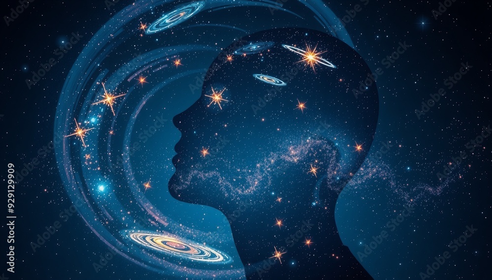 Inside a human profile galaxies and stars swirl brightly against a navy backdrop capturing the essence of cosmic wonder and exploration Inside a human profile galaxies and stars swirl brightly against a navy backdrop capturing the essence of cosmic wonder and exploration
