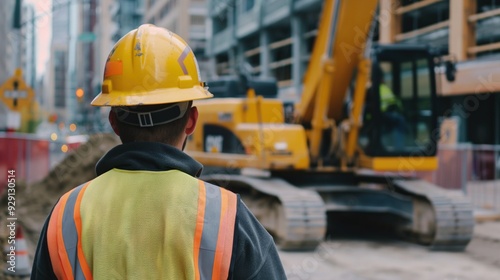 Construction worker operating heavy machinery on a building site, emphasizing strength and precision