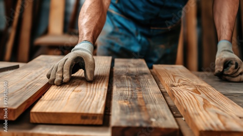 A skilled worker sorts through different types of wooden planks in a workshop, preparing materials for his next woodworking endeavor