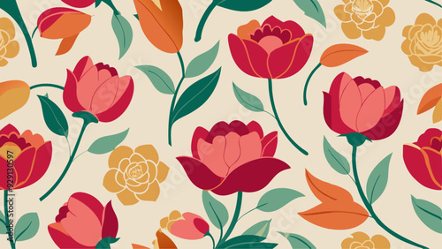 Seamless floral pattern with tulips and leaves. Vector illustration.