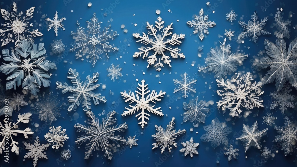 Snowflake patterns on a blue background, wintry and festive. Snowflake patterns on a blue background, wintry and festive.