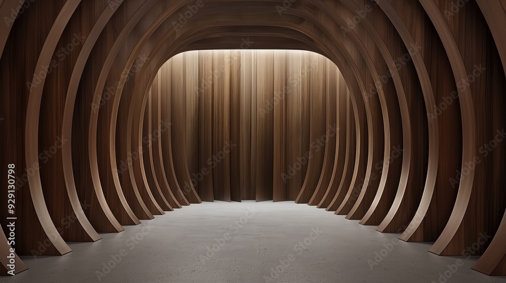 Fototapeta premium A spacious interior showcases elegant wooden arches with gentle lighting, creating a serene atmosphere perfect for gatherings or exhibitions