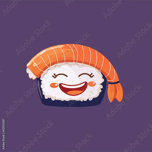 Happy sushi nigiri character with a big smile and blushing cheeks on a purple background.

