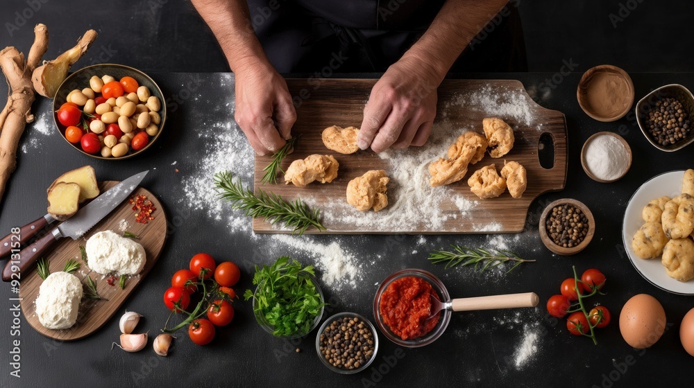 A person is kneading pasta dough on a wooden board surrounded by fresh ingredients, including tomatoes, herbs, and various spices A person is kneading pasta dough on a wooden board surrounded by fresh ingredients, including tomatoes, herbs, and various spices