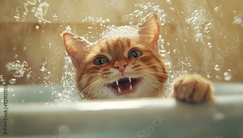 A joyful cat splashes playfully in water, showcasing its vibrant personality and love for adventure in a whimsical scene.