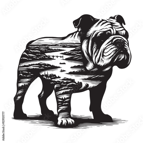 silhouette of Bulldog, filled with river view in rough drawing,