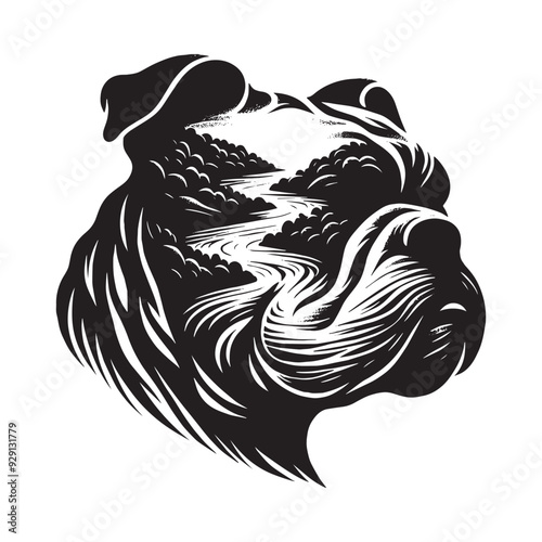 silhouette of Bulldog, filled with river view in rough drawing,
