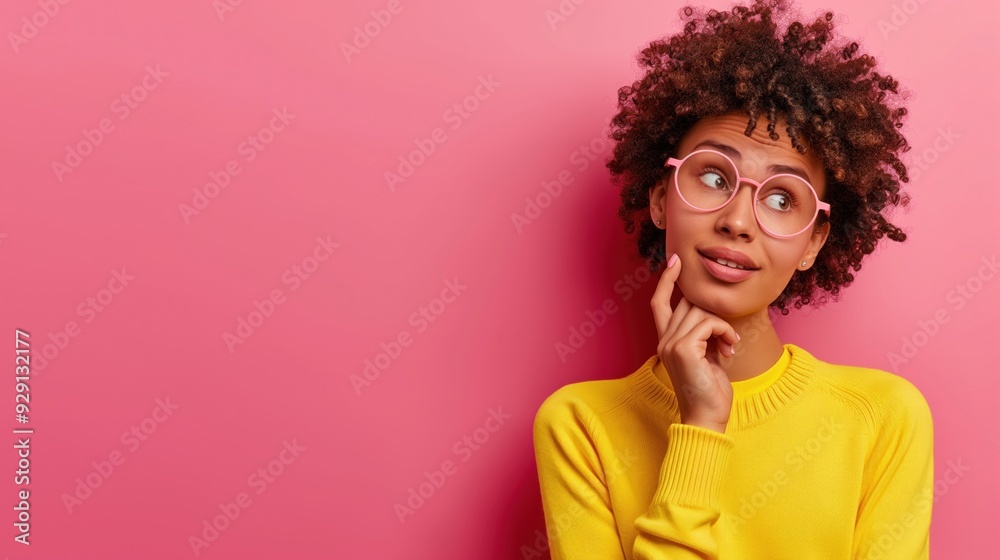 A young woman with curly hair and glasses is thoughtfully resting her chin on her hand against a vibrant pink backdrop, wearing a cozy yellow sweater A young woman with curly hair and glasses is thoughtfully resting her chin on her hand against a vibrant pink backdrop, wearing a cozy yellow sweater