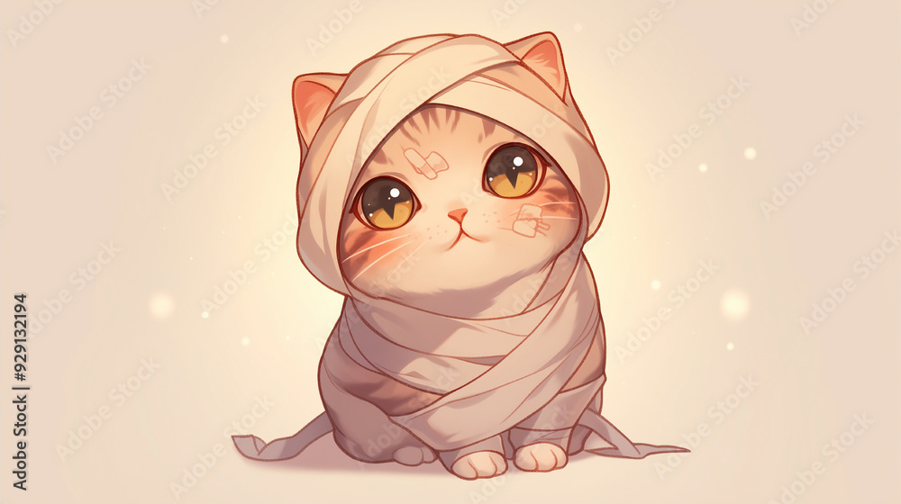 Obraz premium A cute cat is wrapped in a sheet of tissue paper. The cat is laying down and he is sleepy. The pink background adds a soft and comforting atmosphere to the image