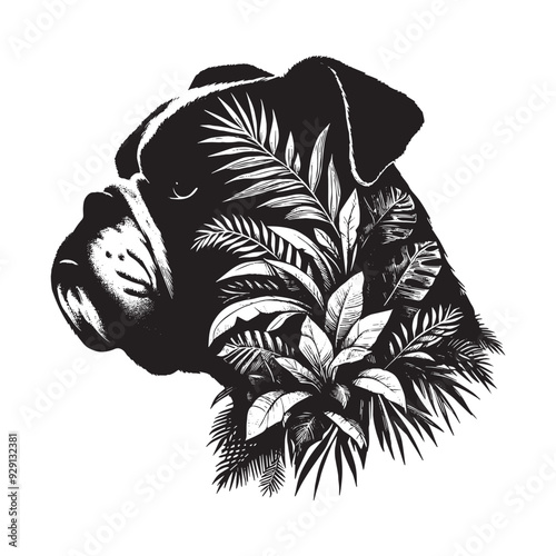 silhouette of Bulldog, filled with tropical plant in the jungle in rough drawing,
