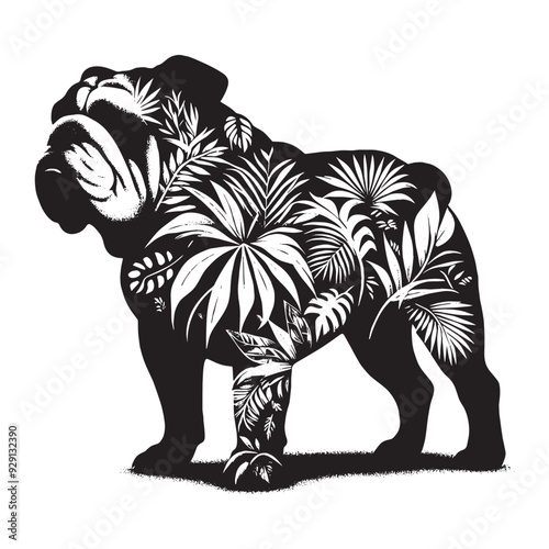 silhouette of Bulldog, filled with tropical plant in the jungle in rough drawing,