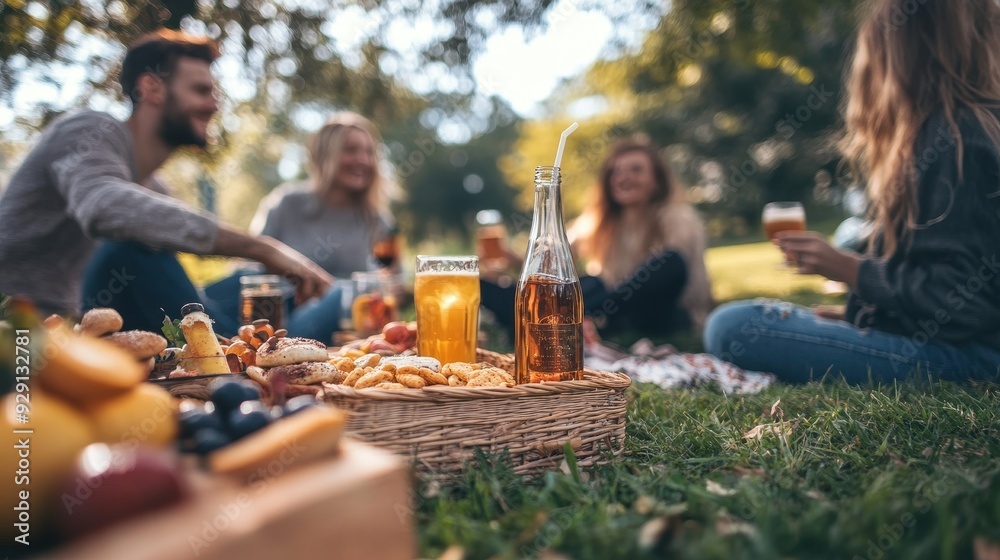 Friends relax on a blanket with food and drinks while enjoying a beautiful autumn day in the park Friends relax on a blanket with food and drinks while enjoying a beautiful autumn day in the park