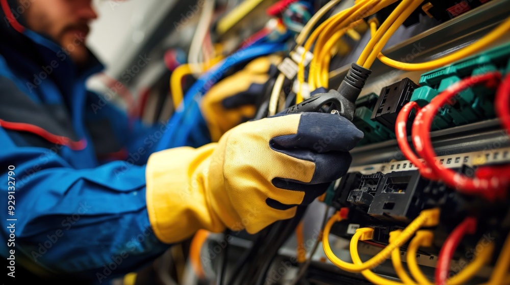 Electrician installing wiring in a building, demonstrating technical skills and safety Electrician installing wiring in a building, demonstrating technical skills and safety