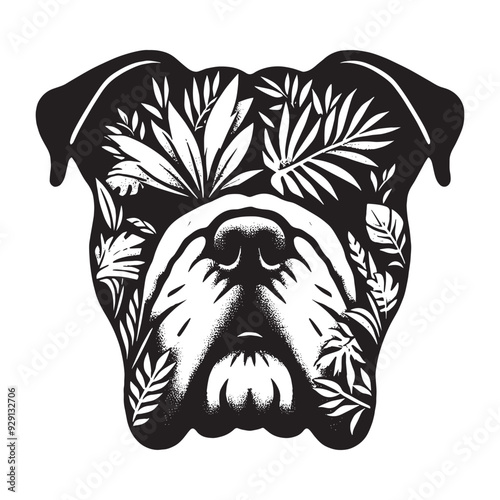 silhouette of Bulldog, filled with tropical plant in the jungle in rough drawing,