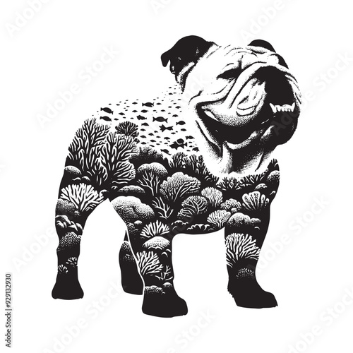 silhouette of Bulldog, filled with underwater view with coral in rough drawing,