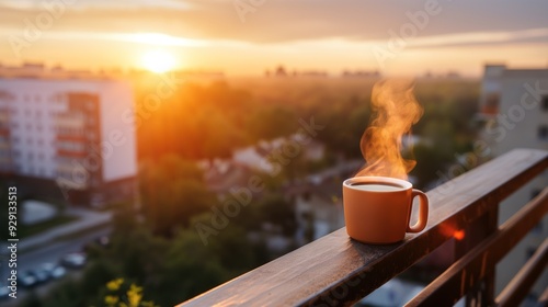 Fototapeta Naklejka Na Ścianę i Meble -  Morning coffee on a small balcony overlooking a bustling city, steam rising from the cup, warm sunlight, sense of relaxation and urban life, peaceful morning routine