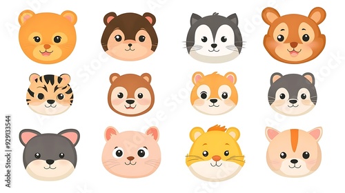 Different cartoon animal faces on a white background