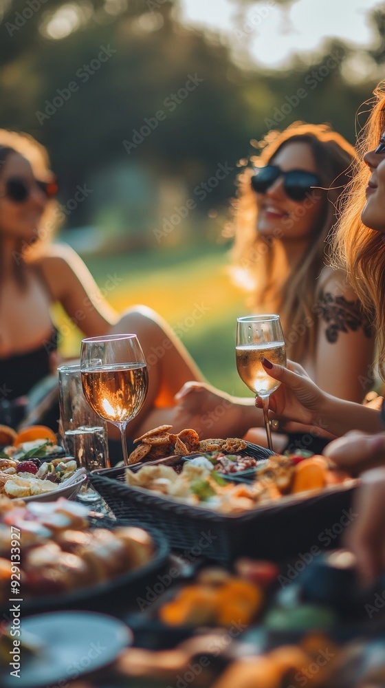 Three friends share laughter and delicious food at a picnic, surrounded by nature and warm sunlight Three friends share laughter and delicious food at a picnic, surrounded by nature and warm sunlight