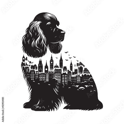 silhouette of Cavalier Spaniel, filled with cityline in rough drawing,