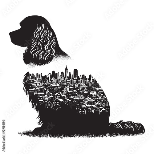 silhouette of Cavalier Spaniel, filled with cityline in rough drawing,