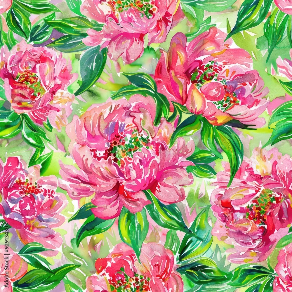 Vibrant floral pattern featuring pink peonies surrounded by lush green leaves, perfect for various creative projects and backgrounds.